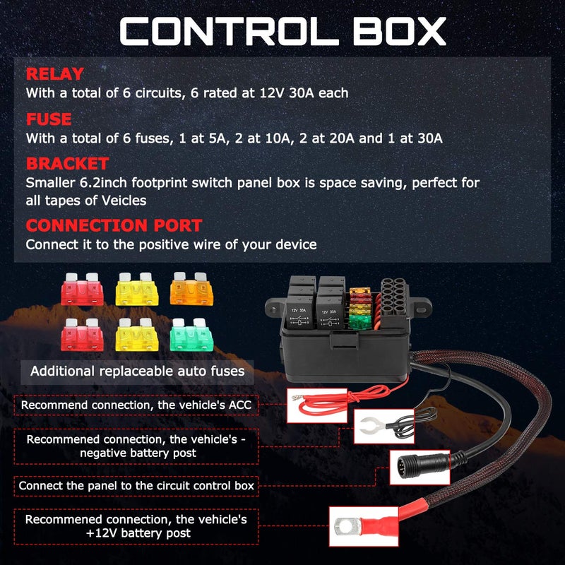 OFFROADTOWN لوحة مفاتيح أوف رود تاون 6 جينغ للتحكم في الدائرة بنظام ريلاي تلقائي قابل للتعتيم مع صندوق فيوز ومفتاح LED قابل للتشغيل والإيقاف، لوحة لمسية مقاومة للماء للشاحنات والسيارات وUTV وATV وSUV والقوارب البحرية - Image 4